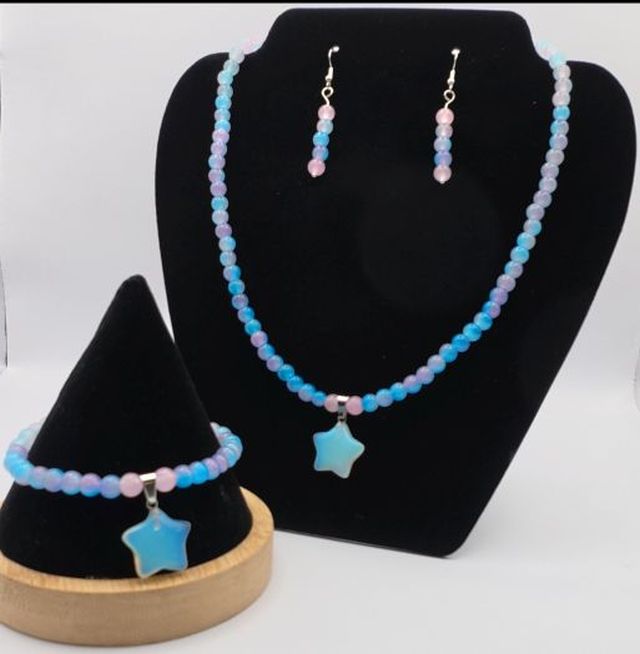 Blue and Pink Beaded Necklace, Bracelet and Earring Set