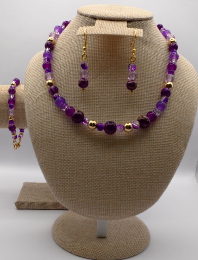 Purple and Gold Necklace, Bracelet and Earring Set